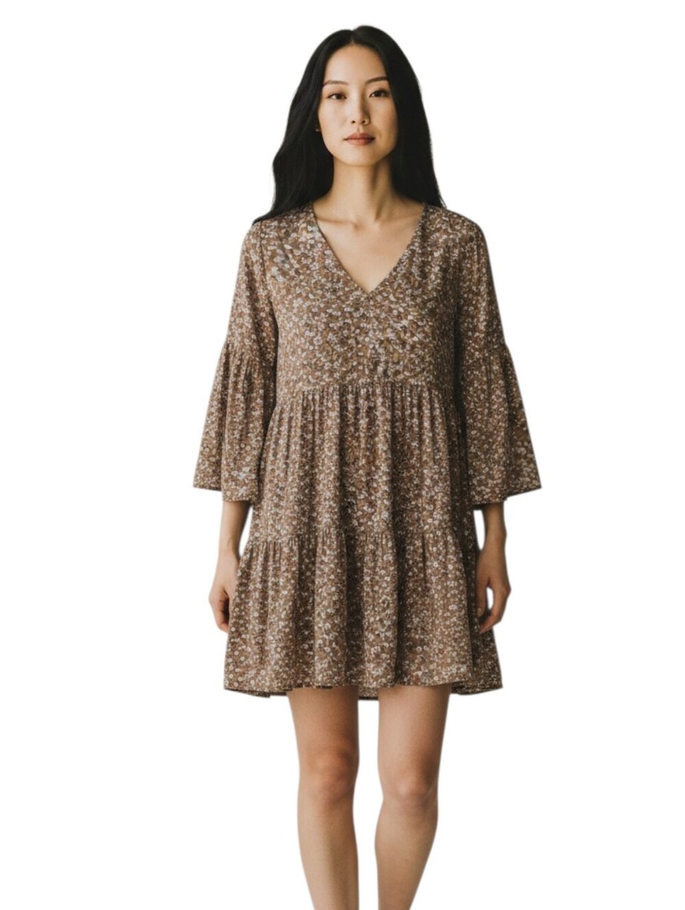 Natural Life Tiered Mini Size L/XL in Autumn Floral 3/4 Tiered Sleeve V Neck